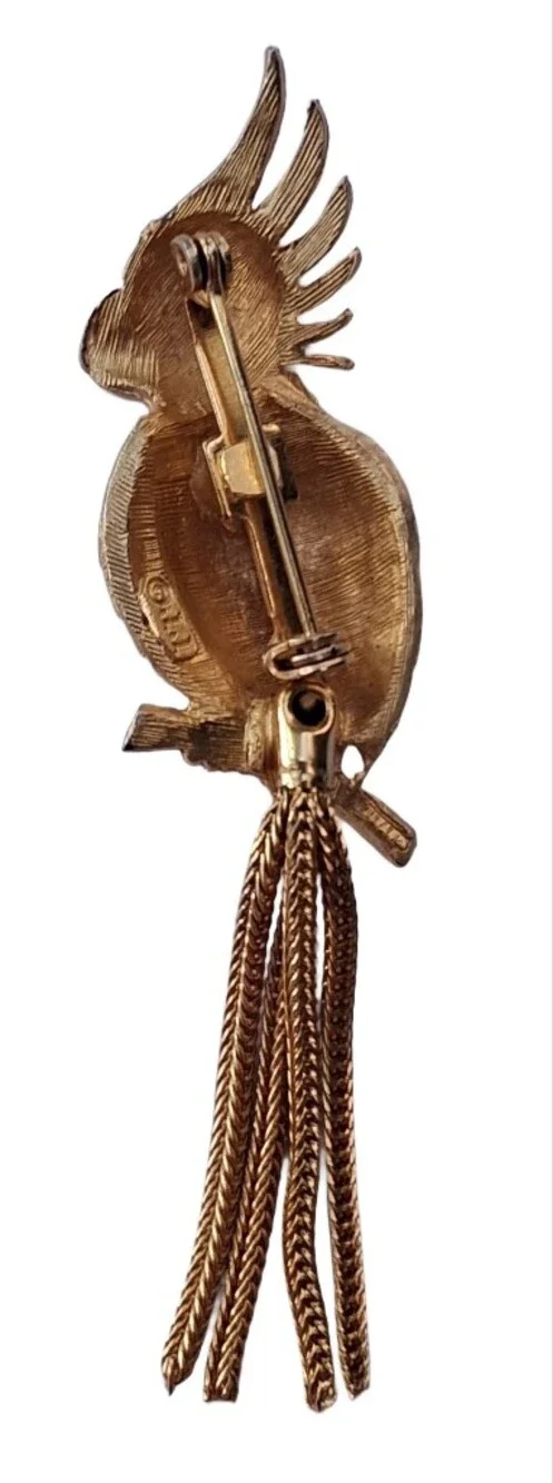 VTG JJ Signed Gold Tone Bird on Branch Brooch Pin Tassel Tail Cockatoo Parrot